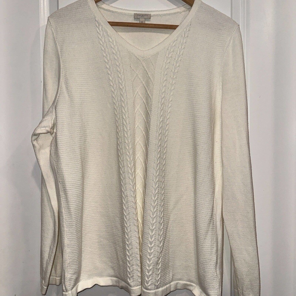 Talbots‎ Women XL 100% Cotton V Neck Knit Sweater Off White Pullover Soft Casual